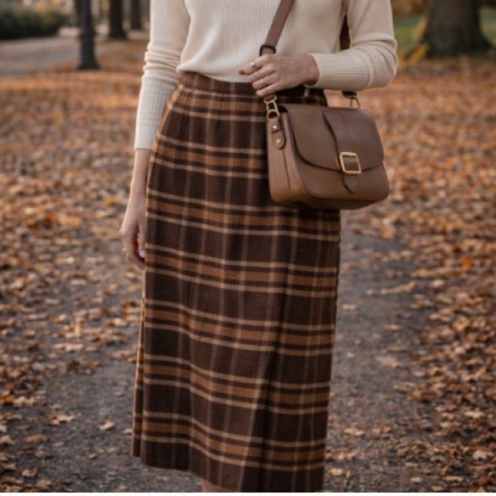 VTG Harris/Wallace Plaid Brown Wool Women's Skirt Size 12